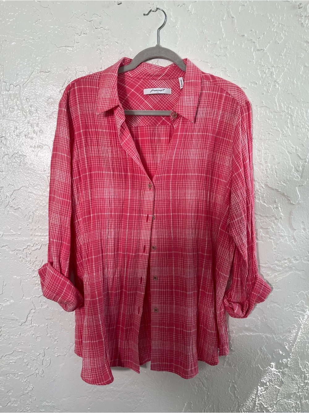Foxcroft NYC Pink Plaid Button Up Top Size 16